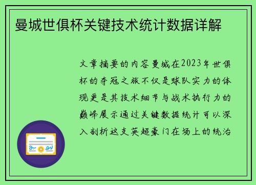 曼城世俱杯关键技术统计数据详解