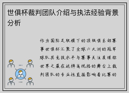 世俱杯裁判团队介绍与执法经验背景分析