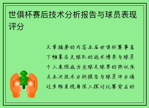 世俱杯赛后技术分析报告与球员表现评分