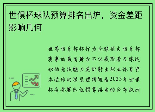 世俱杯球队预算排名出炉，资金差距影响几何